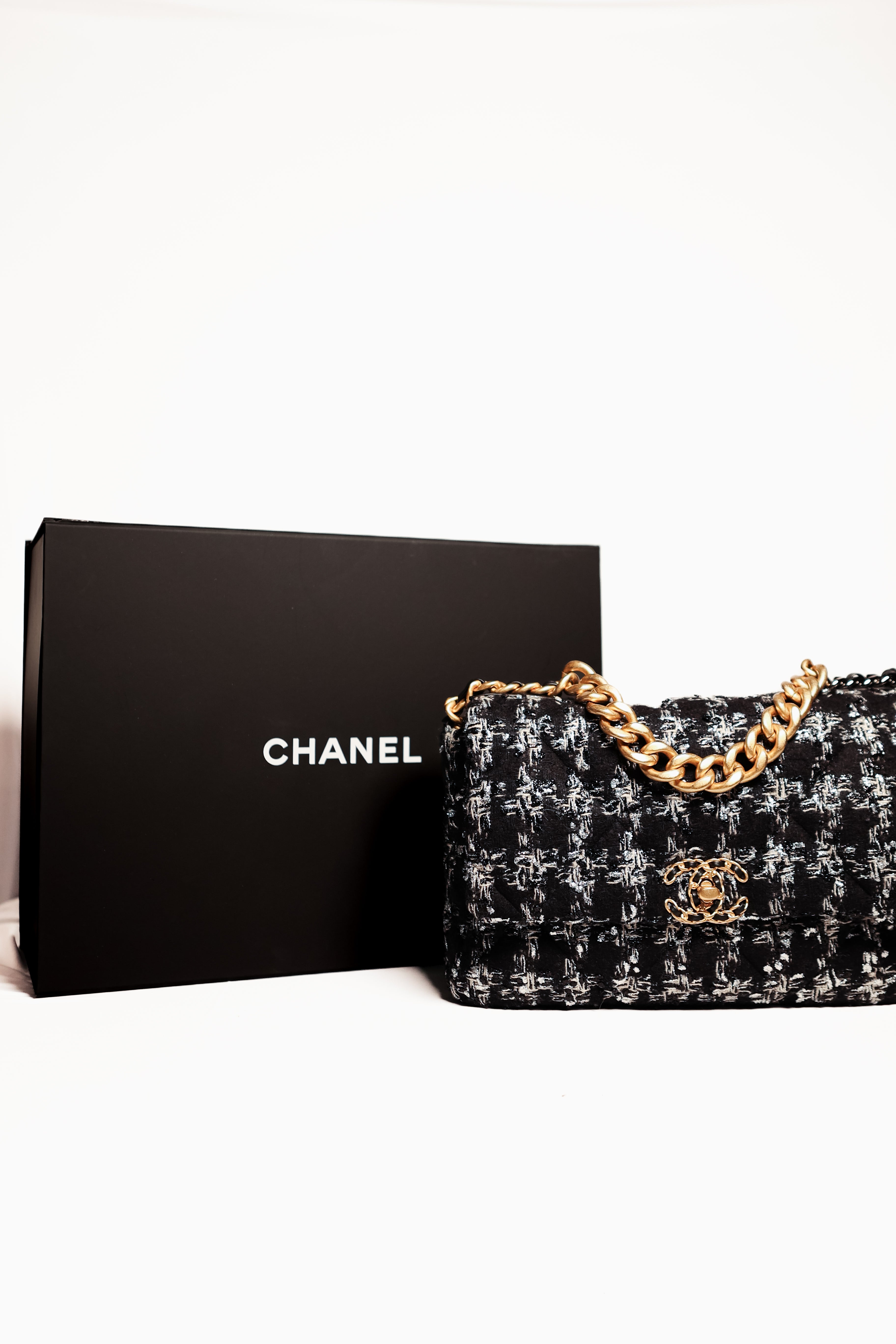 Chanel 19 Flap Tweed Hand Bag Two Tone