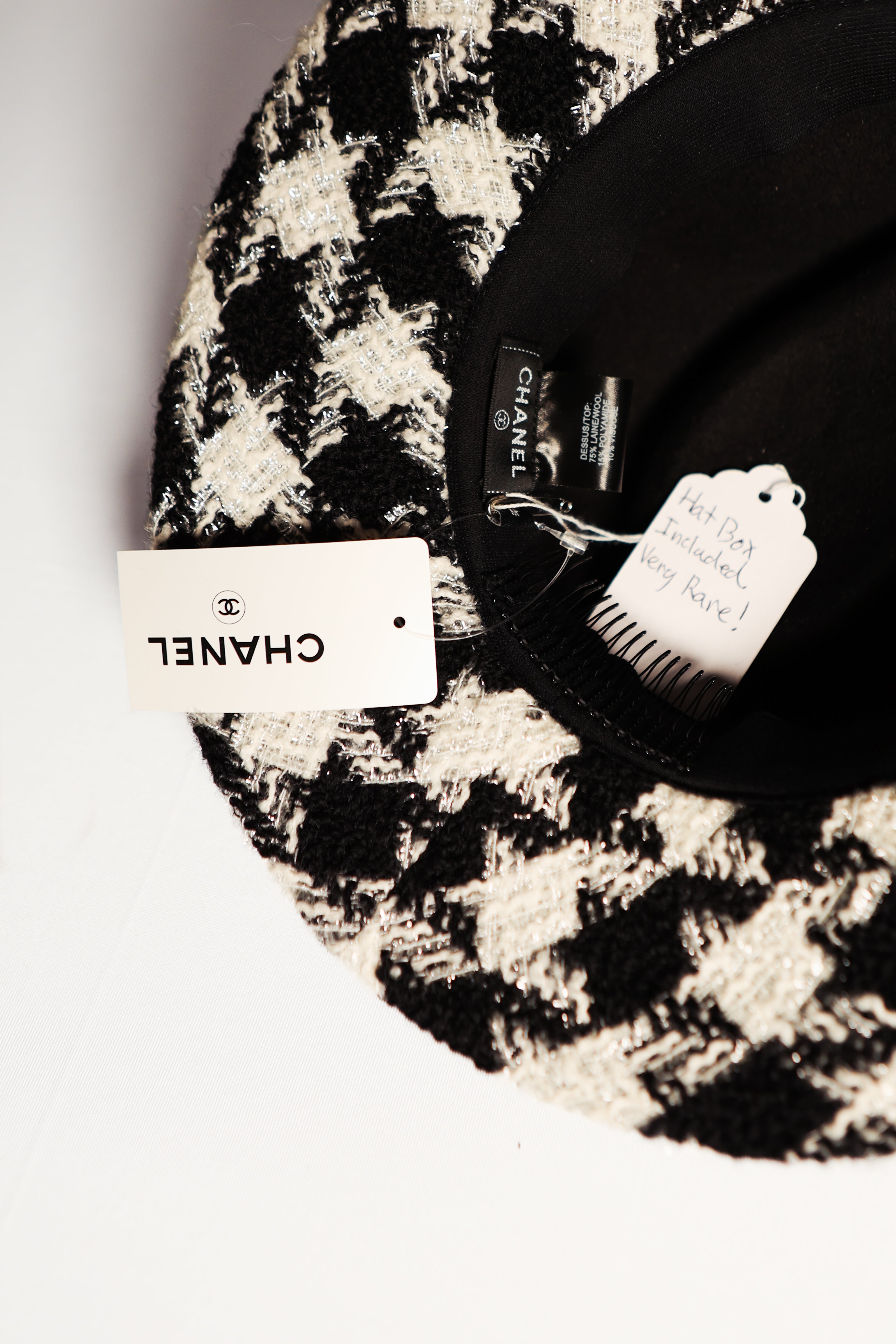 NWT CHANEL 19k Houndstooth Wool White Black Hat